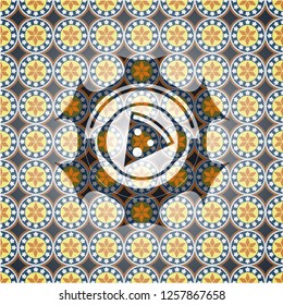 pizza slice icon inside arabesque style badge. arabic decoration.