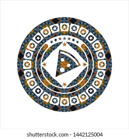 pizza slice icon inside arabesque emblem background. arabic decoration.