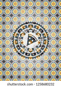 pizza slice icon inside arabic style emblem. Arabesque decoration.