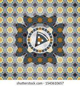pizza slice icon inside arabic badge. Arabesque decoration.