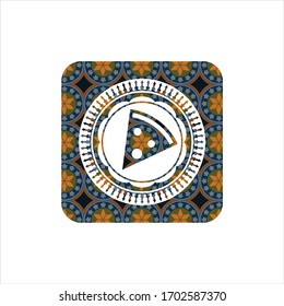 pizza slice icon inside arabic style badge. Arabesque decoration. 