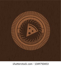 pizza slice icon inside badge with wood background