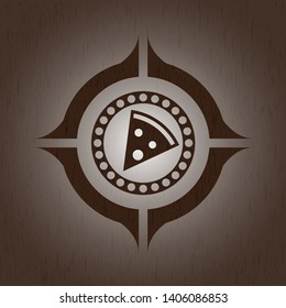 pizza slice icon inside badge with wood background
