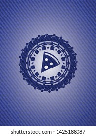 pizza slice icon inside badge with denim background