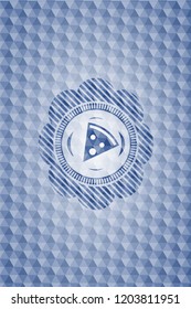 pizza slice icon inside blue hexagon emblem.