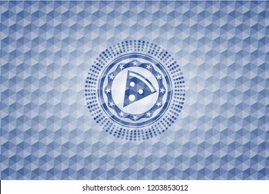 pizza slice icon inside blue badge with geometric pattern.