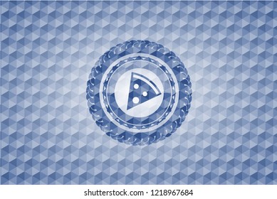 pizza slice icon inside blue polygonal emblem.