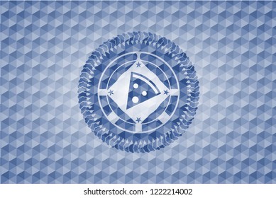 pizza slice icon inside blue emblem or badge with abstract geometric polygonal pattern background.