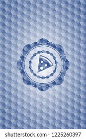 pizza slice icon inside blue badge with geometric pattern.