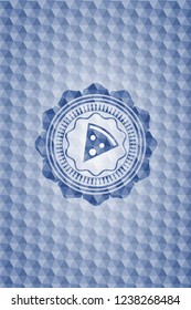 pizza slice icon inside blue emblem or badge with geometric pattern background.