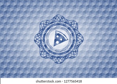 pizza slice icon inside blue emblem or badge with geometric pattern background.