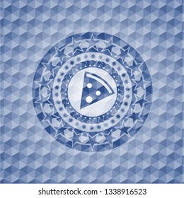 pizza slice icon inside blue badge with geometric pattern background.