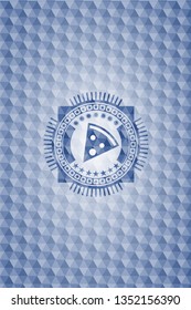 pizza slice icon inside blue emblem or badge with abstract geometric polygonal pattern background.
