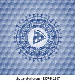 pizza slice icon inside blue emblem or badge with abstract geometric polygonal pattern background.