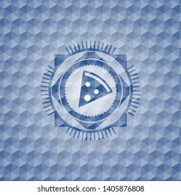pizza slice icon inside blue emblem or badge with geometric pattern background.
