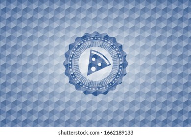 pizza slice icon inside blue emblem with geometric pattern.
