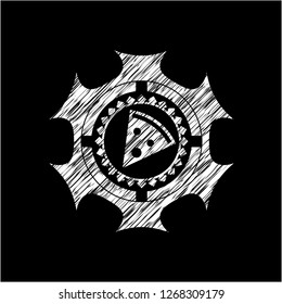 pizza slice icon inside chalkboard emblem on black board