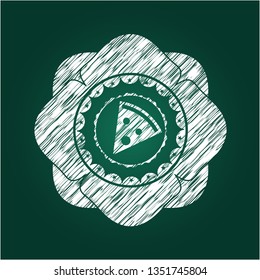 pizza slice icon inside chalkboard emblem on black board