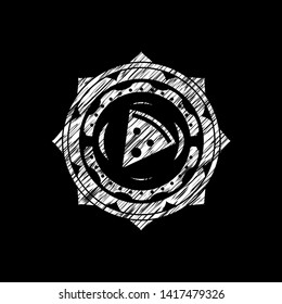 pizza slice icon inside chalkboard emblem on black board