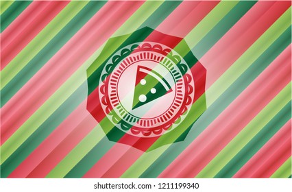 pizza slice icon inside christmas colors badge.