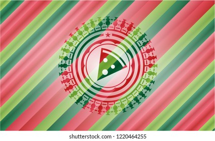 pizza slice icon inside christmas emblem.