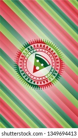 pizza slice icon inside christmas colors style emblem.