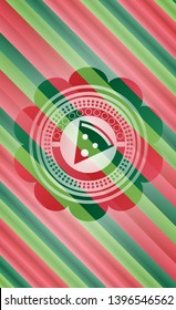 pizza slice icon inside christmas colors emblem.