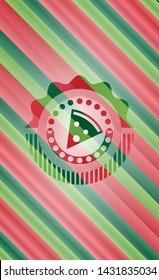 pizza slice icon inside christmas colors emblem.