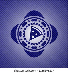 pizza slice icon inside emblem with denim texture