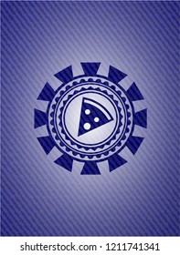 pizza slice icon inside emblem with denim texture