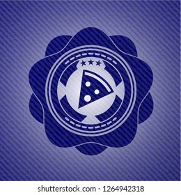 pizza slice icon inside emblem with jean background