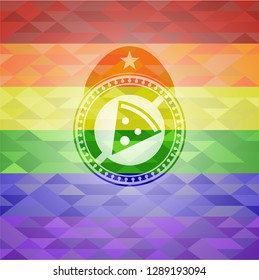 pizza slice icon inside emblem on mosaic background with the colors of the LGBT flag