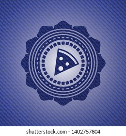 pizza slice icon inside emblem with jean background