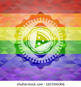 pizza slice icon inside emblem on mosaic background with the colors of the LGBT flag