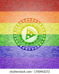 pizza slice icon inside emblem on mosaic background with the colors of the LGBT flag