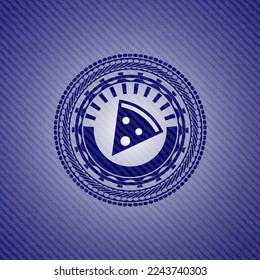 pizza slice icon inside emblem with denim texture. 