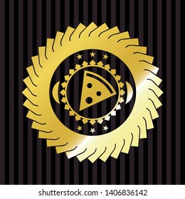 pizza slice icon inside gold emblem or badge
