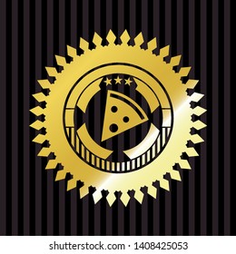 pizza slice icon inside gold emblem