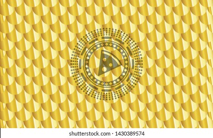 pizza slice icon inside gold badge. Scales pattern. Vector Illustration. Detailed.