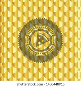 pizza slice icon inside gold emblem. Scales pattern. Vector Illustration. Detailed.