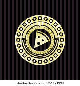 pizza slice icon inside gold badge or emblem. 