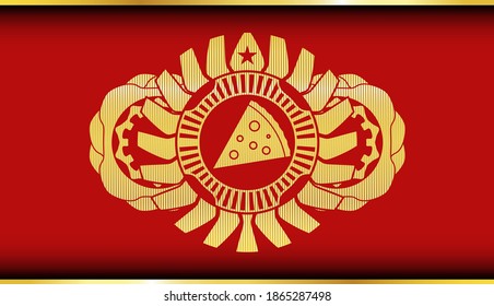 pizza slice icon inside Gold and Red emblem. Traditional fashionable background. Artistic illustration. 