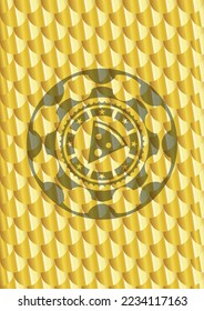 pizza slice icon inside gold emblem or badge. Scales pattern. Vector Illustration. Detailed. 
