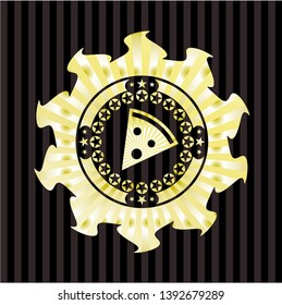 pizza slice icon inside golden emblem or badge