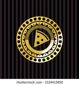 pizza slice icon inside golden emblem