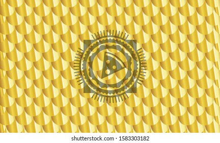 pizza slice icon inside golden badge or emblem. Scales pattern. Vector Illustration. Detailed.