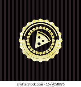 icono de porción de pizza dentro de la placa dorada