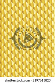 pizza slice icon inside golden badge or emblem. Scales pattern. Vector Illustration. Detailed. 