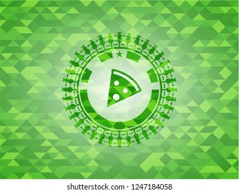 pizza slice icon inside green emblem with mosaic ecological style background