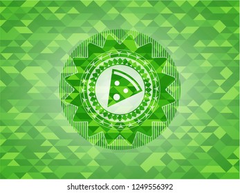 pizza slice icon inside green emblem with mosaic ecological style background